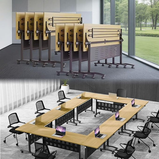 Folding Conference Table,Conference Table with Wheels,Large Flip-Top Training Table,Freely Combinations,Easy to Move for Offices,Schools,Training Rooms（8,A-Yellow,55in
