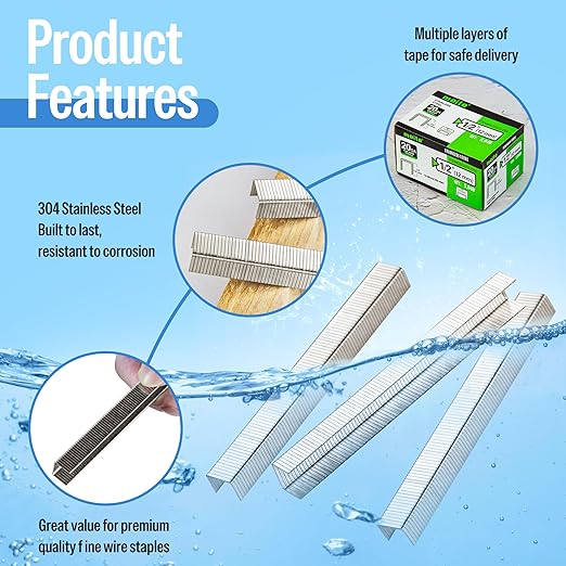 meite 20 Gauge 304 Stainless Steel Upholstery Staples, 1/2-Inch Crown with 1/2-Inch Leg Length, Heavy Duty Staples for Construction, Furniture, Crafts & DIY Projects (5 Boxes)