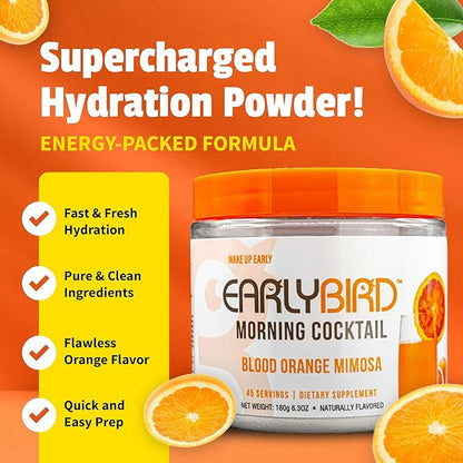 EarlyBird Energy Drink Powder - Morning Cocktail Blood Orange- Zero Sugar Electrolytes with Amino Acids - Electrolytes Powder & Caffeine Drink Mix for Morning Energy, Focus & Hydration - 45 Servings