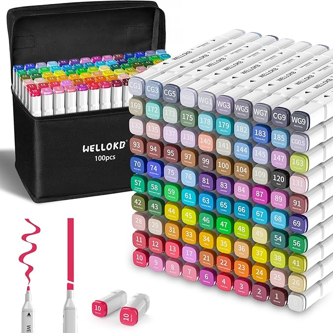 Alcohol Markers, 100 Colors Dual Tip Art Markers for Coloring, Drawing, Illustrations, Book Painting, Alcohol Based with Carrying Case for Adult Kids