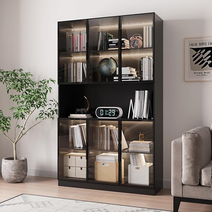 78.7" H Display Cabinet with 6 Glass Doors and Lights, Storage Cabinets Modern Bookcase with Hutch for Collectible, Display Case Trophy Case, Black