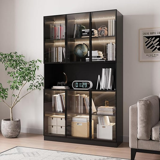 78.7" H Display Cabinet with 6 Glass Doors and Lights, Storage Cabinets Modern Bookcase with Hutch for Collectible, Display Case Trophy Case, Black