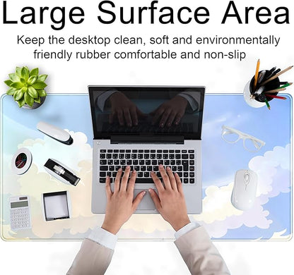 Blue Cloud XXL Large Extended Gaming Mouse Pad Computer Mat Aesthetics Mousepad, Office Decor Desk Pad, Laptop Keyboard and Mouse Mat, Non-Slip Desk Matt with Stitched Edge, 31.5''x15.7''