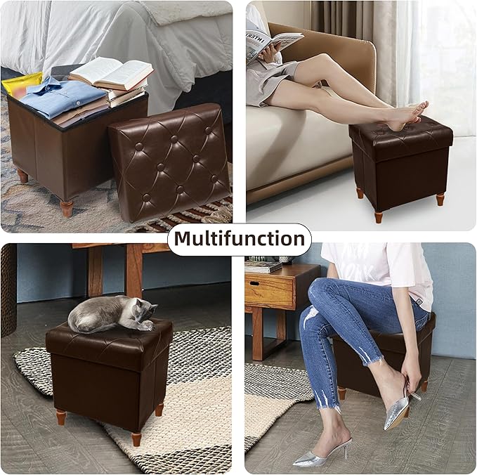 CAROLMADE Folding Storage Ottoman Cube PU Leather Footstool with Wood Legs Ottoman Footrest for Living Room and Bedroom Brown, 15x12.6 x 15.4”
