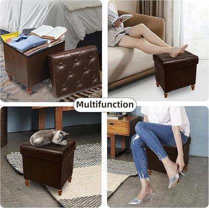 CAROLMADE Folding Storage Ottoman Cube PU Leather Footstool with Wood Legs Ottoman Footrest for Living Room and Bedroom Brown, 15x12.6 x 15.4”