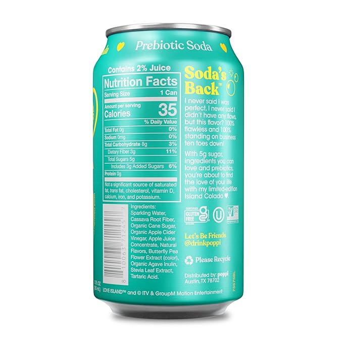 Poppi Sparkling Prebiotic Soda Beverage with Apple Cider Vinegar, Seltzer Water and Fruit Juice, Amaya’s Island Colada Limited Edition Flavor, 12 oz, Pack of 12, Packaging May Vary