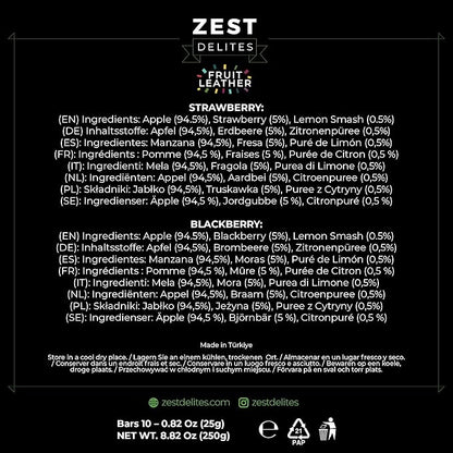 Dried Fruit Bars by Zest Delites, Fruit Leather, Healthy Snacks Pack for Adults & Kids, Lavashak, Vegan, Apple-Based Strips, Blackberry, Strawberry, 0.88 oz x 10