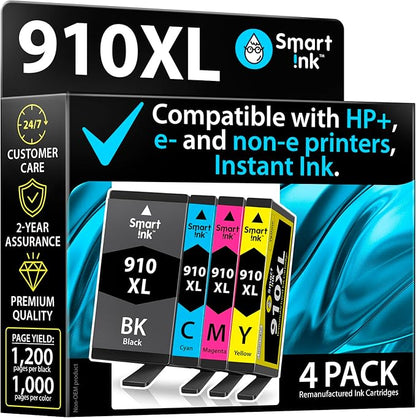 Smart Ink Remanufactured Ink Cartridges Replacement for HP 910XL 910 XL Black and Color Combo Pack to use with OfficeJet Pro 8025e 8025 8028e 8028 8035e 8035 OfficeJet 8015e 8022e 8015 8022 Printers