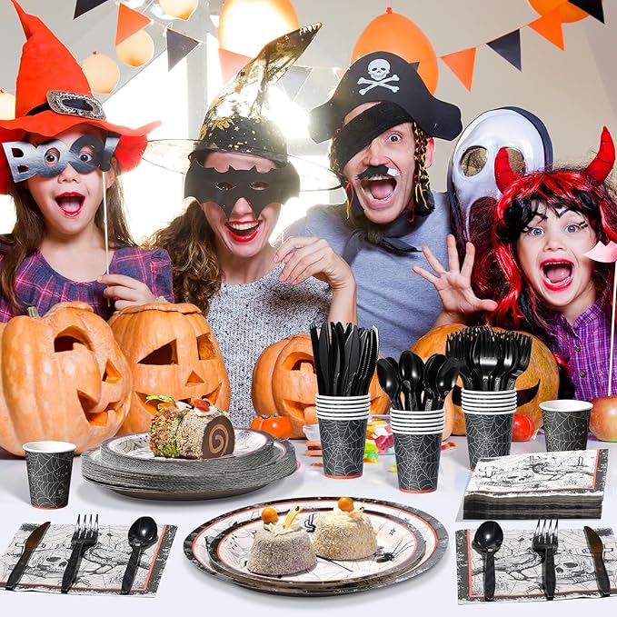 Halloween Party Plates Supplies,Disposable Vintage Skull,Spider Web Tableware Paper Plates and Napkins Cups Knives Spoons Forks for Halloween Birthday Baby Shower Party Decorations,Serve 25 Guests