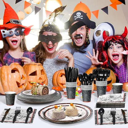 Halloween Party Plates Supplies,Disposable Vintage Skull,Spider Web Tableware Paper Plates and Napkins Cups Knives Spoons Forks for Halloween Birthday Baby Shower Party Decorations,Serve 25 Guests