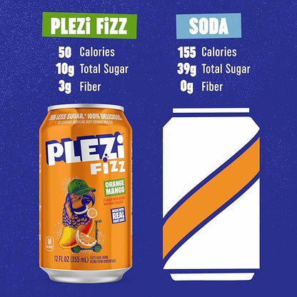 PLEZi FiZZ Orange Mango Sparkling Juice - Healthy Soda Alternative with Real Fruit Juice, No Added Sugar - Low Sugar Sparkling Drink - Good Source of Fiber, 12 Fl Oz (12 Pack)