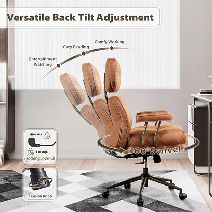 HOOOWOOO Mid-Century Modern Ergonomic Office Chair, Extra Wide Comfy Executive Chair with Lumbar Support, Suede Leather Light Brown