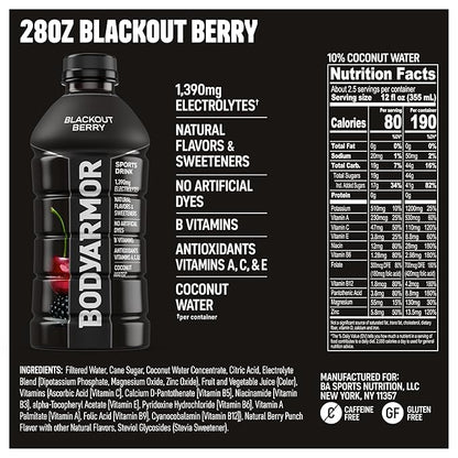 BODYARMOR Sports Drink Sports Beverage, Blackout Berry, Coconut Water Hydration, Natural Flavors With Vitamins, Potassium-Packed Electrolytes, Perfect For Athletes, 28 Fl Oz (Pack of 15)