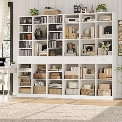 HOSTACK 75" Tall Book Shelf and Bookcase, 47" Wide Bookshelf with Drawers, Modern 9 Tier Bookcase with Storage, Large Wood Display Cabinet with Adjustable Shelves for Living Room, Home Office, White