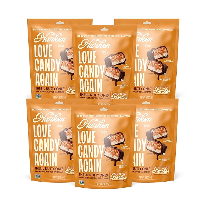 Harken Sweets The Lil’ Nutty Ones, Mini Oat Milk Chocolate Candy Bars with Peanuts, Sweetened with Dates, No Sugar Added, High Fiber, Gluten-Free, Plant-Based, 6 Pouches (30 Bars)