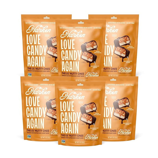 Harken Sweets The Lil’ Nutty Ones, Mini Oat Milk Chocolate Candy Bars with Peanuts, Sweetened with Dates, No Sugar Added, High Fiber, Gluten-Free, Plant-Based, 6 Pouches (30 Bars)