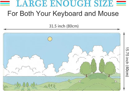 Cute Anime Desk Mat Kawaii Mousepad, Anime Street Aesthetics Desk Pad XXL, Japanese/Korean Lo-fi Drawing, Cute Green Blue Nature Mouse Pad Computer Keyboard Mat, Office Desk Pad Protector
