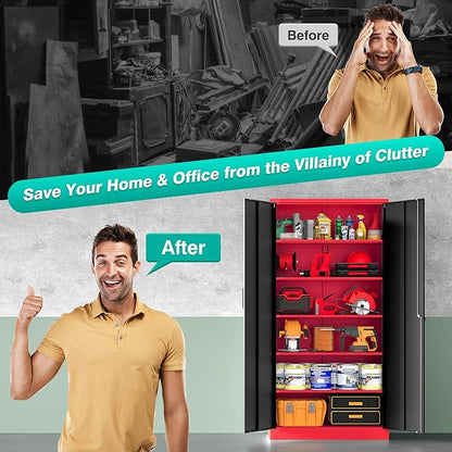 Wide & Deep Metal Storage Cabinet with 6 Shelves,72" Tall Red Garage Storage Cabinet with Lock,Metal Cabinets with Locking Doors,Lockable Steel Cabinets for Home,Office,Shop,Garage,72x36x18