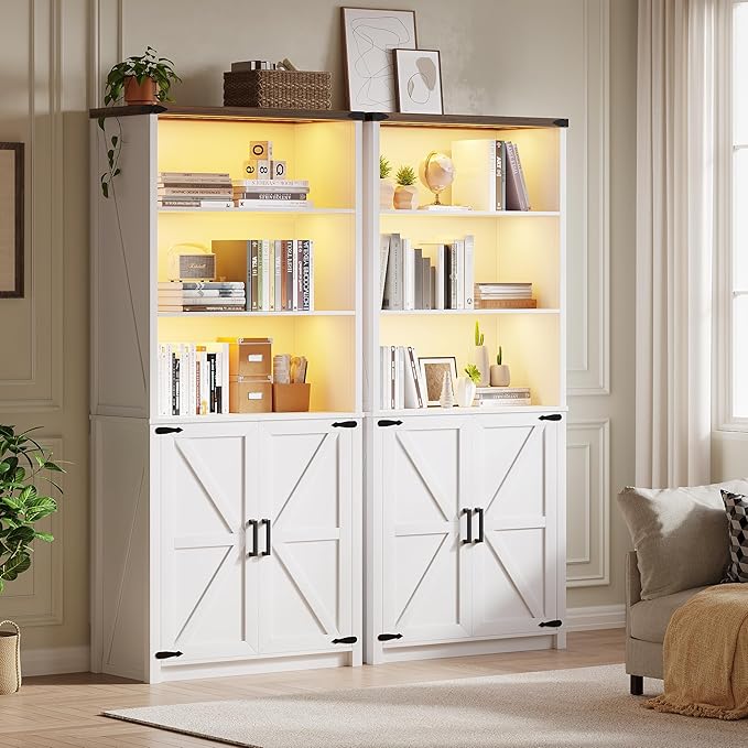 HWB Bookshelf and Bookcase with Doors, Farmhouse 5 Tier Book Shelves with Storage Cabinet, Floor Standing Bookcases with 3-Color Lights for Home Office, Living Room, Bedroom, White