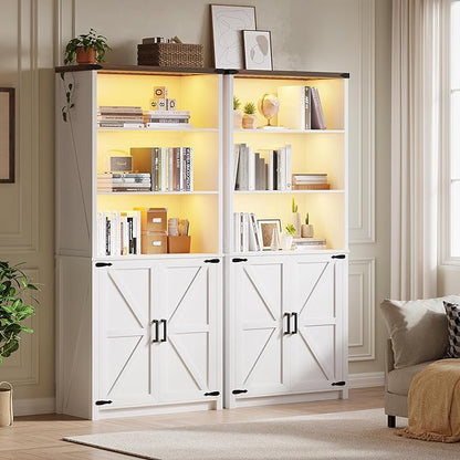 HWB Bookshelf and Bookcase with Doors, Farmhouse 5 Tier Book Shelves with Storage Cabinet, Floor Standing Bookcases with 3-Color Lights for Home Office, Living Room, Bedroom, White