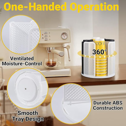 4-Compartment Rotating Paper Cup Holder & Coffee Cup Lid Storage Dispenser, Plastic Cup Dispenser Removable, Space-Saving Countertop Cup Holder for Coffee Bars, Kitchens (White)