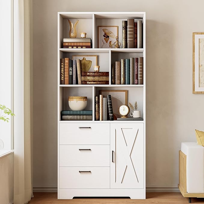 IRONCK Bookshelf with Drawers, 70.9 inch Tall Bookcase with Doors, Bookshelves and Bookcases with Storage, Bookshelf with 6 Open Cubes for Home Office, Living Room, Study, White