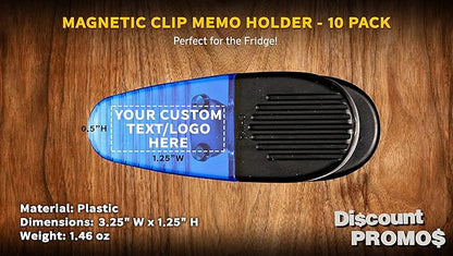 10 Magnetic Memo Holders Set - Customizable Text, Logo - Large Clip, Plastic - TBlue