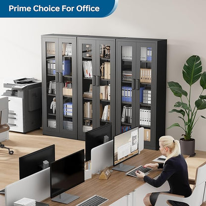 Display Storage Cabinet with Glass Door, 67 Inches Metal Curio Cabinet with 4 Adjustable Shelves, HD Tempered Glass Display Case for Home, Office, Clinic, Pantry, Assemble Required (Black)
