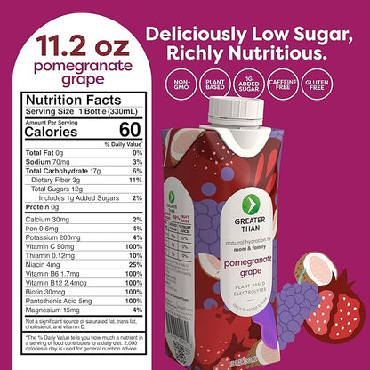 Greater Than Nutrient Hydration Beverage, Electrolyte Drink for Gut Health & Energy with Coconut Water, Vitamins, Gluten Free, Plant Based, Low Sugar, Pomegranate Grape, 24 Pack