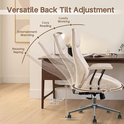 HOOOWOOO Faux Suede Leather Home Office Chair,MCM Modern Ergonomic Task Work Chair,Computer Desk Chair with Cushion Seat Lumbar Support Reclining High Back for Long Hours(Beige)