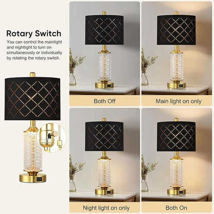 QiMH Set of 2 Table Lamps with USB A+C Ports, Black Grid Shade Modern Bedside Lamp with LED Night Light for Bedroom, Nightstand Lamps for Living Room Office, Gold(2 Bulbs Included)