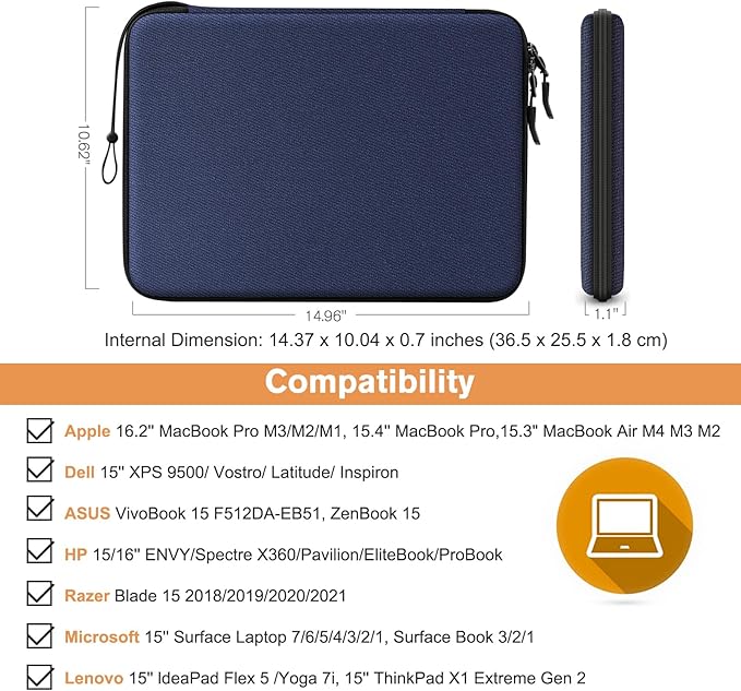 FINPAC Hard Laptop Sleeve Case for 15.3 inch MacBook Air M4 M3 M2 2025 2024, 16.2 inch MacBook Pro M4/M3/M2/M1 Pro/Max A2991 A2780 A2485 A2141, Waterproof Case for Surface Laptop/Book, Navy