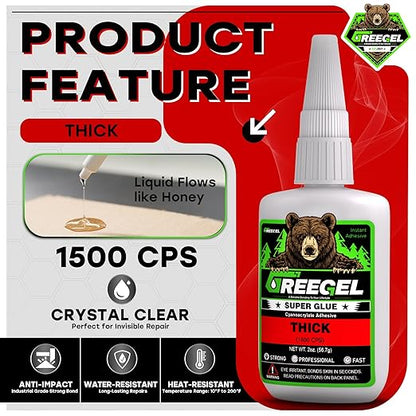 Super Glue Thick for Metal, Wood, Rubber, Glass, Super Control Cyanoacrylate Adhesive (CA) Instant Glue 2 Oz - Clear Superglue with Extra Gel for Carpentry & Crafts Repair (1 Pack)
