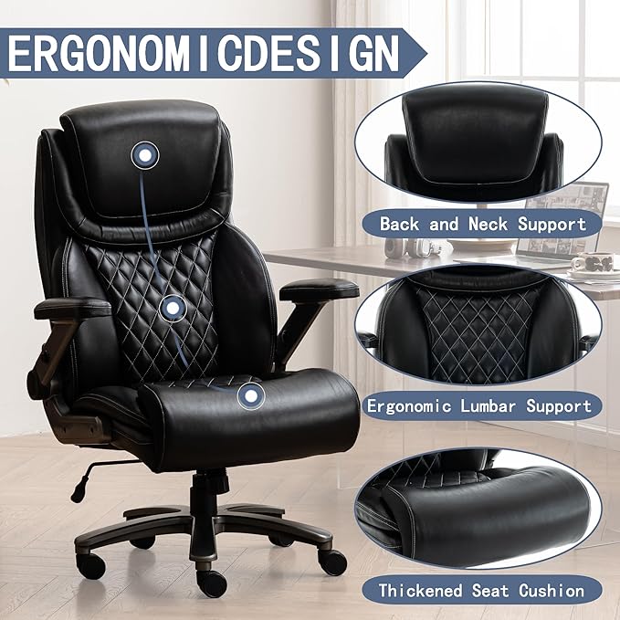 Office Chair, 500 lbs Ergonomic Big and Tall Computer Desk Chair, High-Back Executive with Adjustable Headrest, 3D Reversible Armrests, Silent Wheels for Home, Office, Gaming (Black)