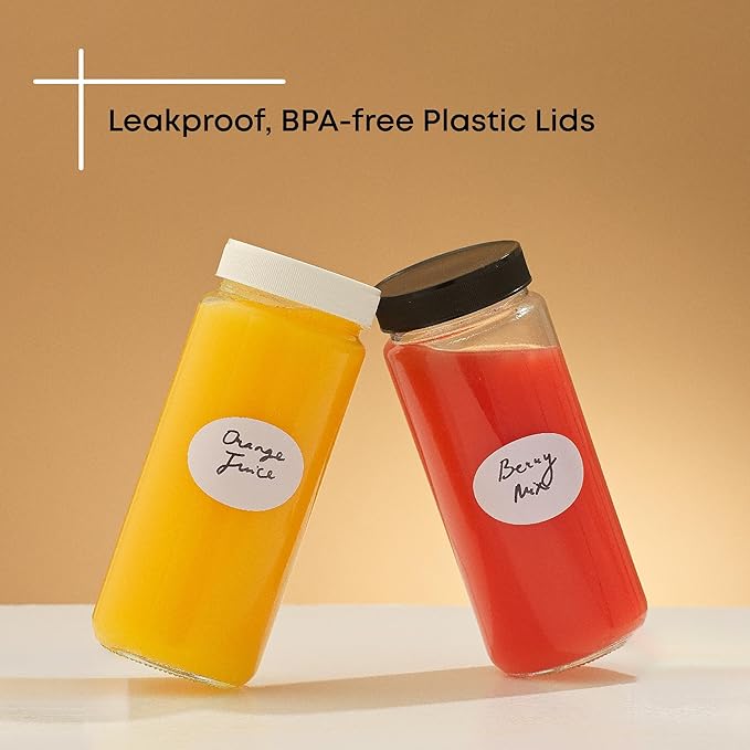 JoyJolt Glass Juice Bottles, 16 oz Glass Bottles with Caps. Set of 8 Juice Containers with Lids for Fridge, and Labels for Juice Jars. Glasses for Juice, Cold Brew Bottles, Smoothie Jars