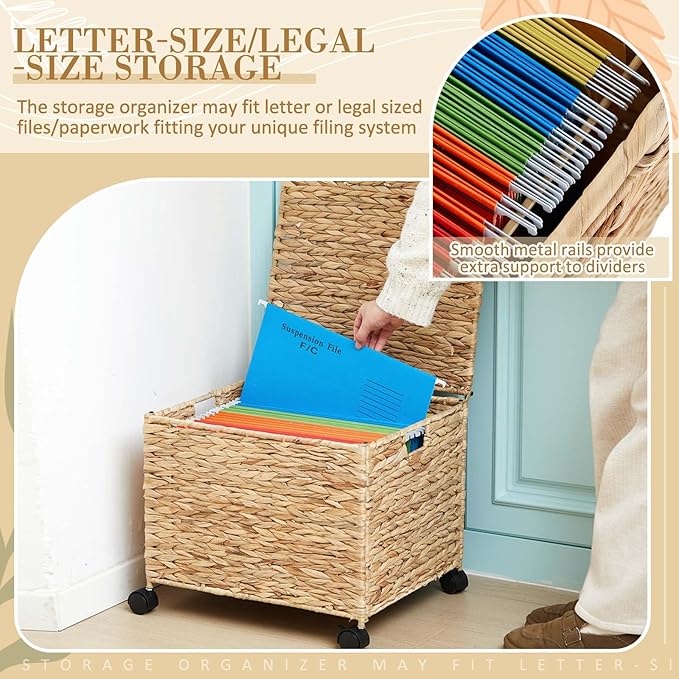 Rolling File Box Organizers, Water Hyacinth Letter/Legal Size File Organizer with Lid and Locking Wheels, Collapsible Hand Woven Hanging Filing Cabinet Box for Office/Home Decor, Natural