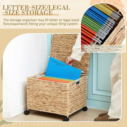 Rolling File Box Organizers, Water Hyacinth Letter/Legal Size File Organizer with Lid and Locking Wheels, Collapsible Hand Woven Hanging Filing Cabinet Box for Office/Home Decor, Natural