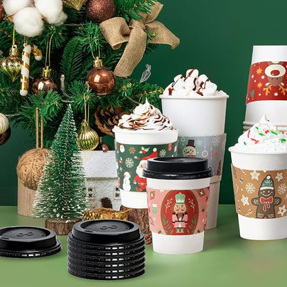 Fit Meal Prep 50 Pack 12 oz Christmas Disposable Coffee Cups with Lids, Sleeves, Leak-Proof To Go Coffee Cups with Lids, Durable Holiday Paper Cups for Hot Beverage, Home, Office, Party