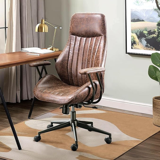 Mid Century Modren Office Chair,High Back Ergonomic Executive Chair with Lumbar Support, Computer Desk Swivel Task Chair with Wheels, Faux Lether Suede Fabric Home Chair (Dark Brown)