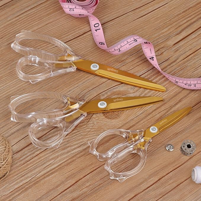 Acrylic Scissors, Sharp Titanium Coating Blades with Ergonomic ABS Handle, Multi-Purpose Scissors Set of 3, Suitable for Sewing and Household, Clear and Gold-Toned
