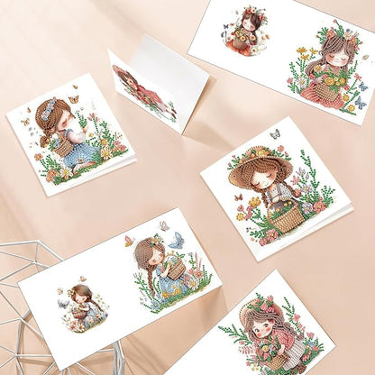 jinglinhh 12pcs Diamond Art Painting Little Girl Flower Bushes Greeting Cards with Envelopes, DIY Card Making Kits for Adults, Diamond Art Christmas Cards for Birthday Holiday Postcards Craft Gifts