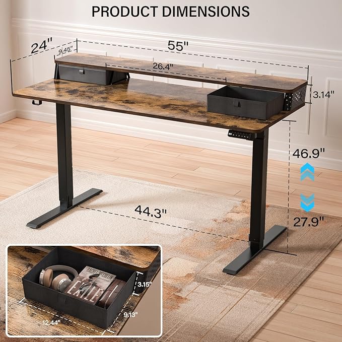 Electric Standing Desk with 2 Drawers 55''x 24'' Adjustable Height Sit to Stand Up Desk with Storage Shelf, C-Clamp Mount Compatible Home Office Desks Computer Gaming Table Ergonomic Workstation