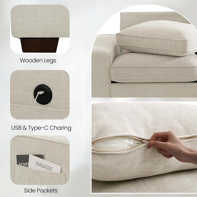 TEKAMON 100" Modular Sectional Sofa with Seats Storage, L Shaped Couch with Movable Ottoman, Chenille Fabric Couch for Living Room, Office, Apart W/Deep Seat, USB Charging,Removable Cover(Beige)