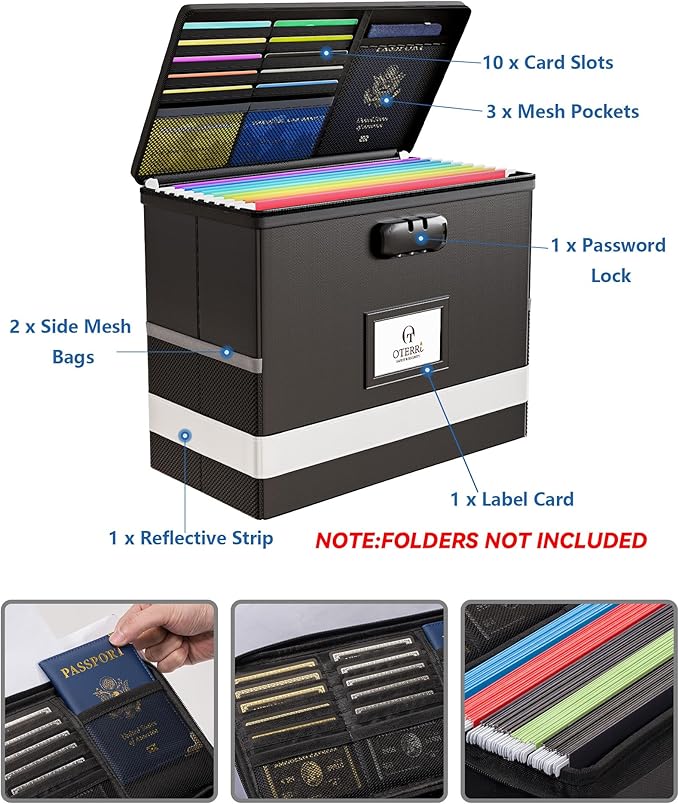 Oterri 2 Pack Fireproof Document Box With Lock, Portable File Safe Box Fireproof Waterproof For Letter Files, Collapsible Fireproof File Box With Handle Black