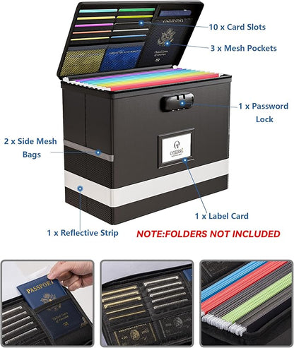 Oterri 2 Pack Fireproof Document Box With Lock, Portable File Safe Box Fireproof Waterproof For Letter Files, Collapsible Fireproof File Box With Handle Black