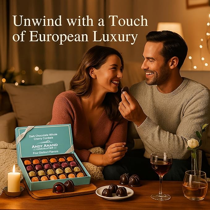 Andy Anand Chocolatier Dark Chocolate Whole Cherry Cordials, Rum, Chardonnay, Vodka & Amaretto Flavors. Individually Wrapped, Flown Fresh from Europe, Unforgettable Chocolate Experience (24 Pcs 12 Oz)