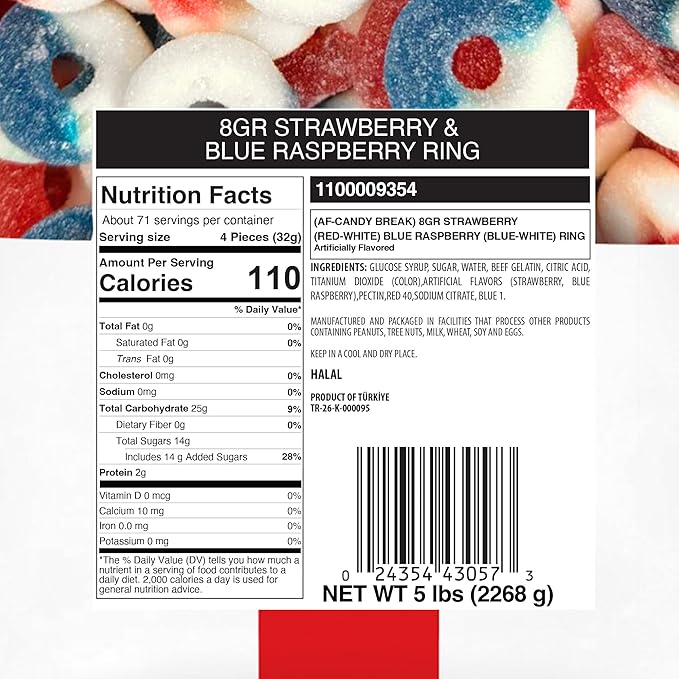 Candy Break Strawberry & Blue Raspberry Rings Bulk Gummy Candy, 5 lbs Bag, Share Size Bags - Sweet & Chewy Snacks for Kids & Grown Ups, Party Size (Pack of 1)
