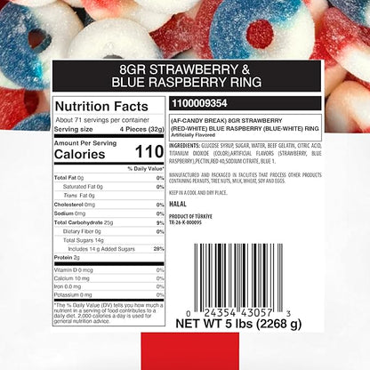 Candy Break Strawberry & Blue Raspberry Rings Bulk Gummy Candy, 5 lbs Bag, Share Size Bags - Sweet & Chewy Snacks for Kids & Grown Ups, Party Size (Pack of 1)