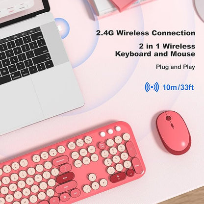 KNOWSQT Wireless Keyboard and Mouse Combo - Lovely Red Rainbow Full-Sized Typewriter Colorful Keyboards, Round Keycap USB Plug Play Retro Cute Keyboards for Windows, Laptop, PC, Desktop, Computer