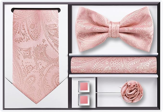TIE G 5pcs Tie Set in WHITE OR BLACK GIFT BOX: Solid Color Necktie, Satin Bow Tie, Pocket Square, Lapel, Cuff Links